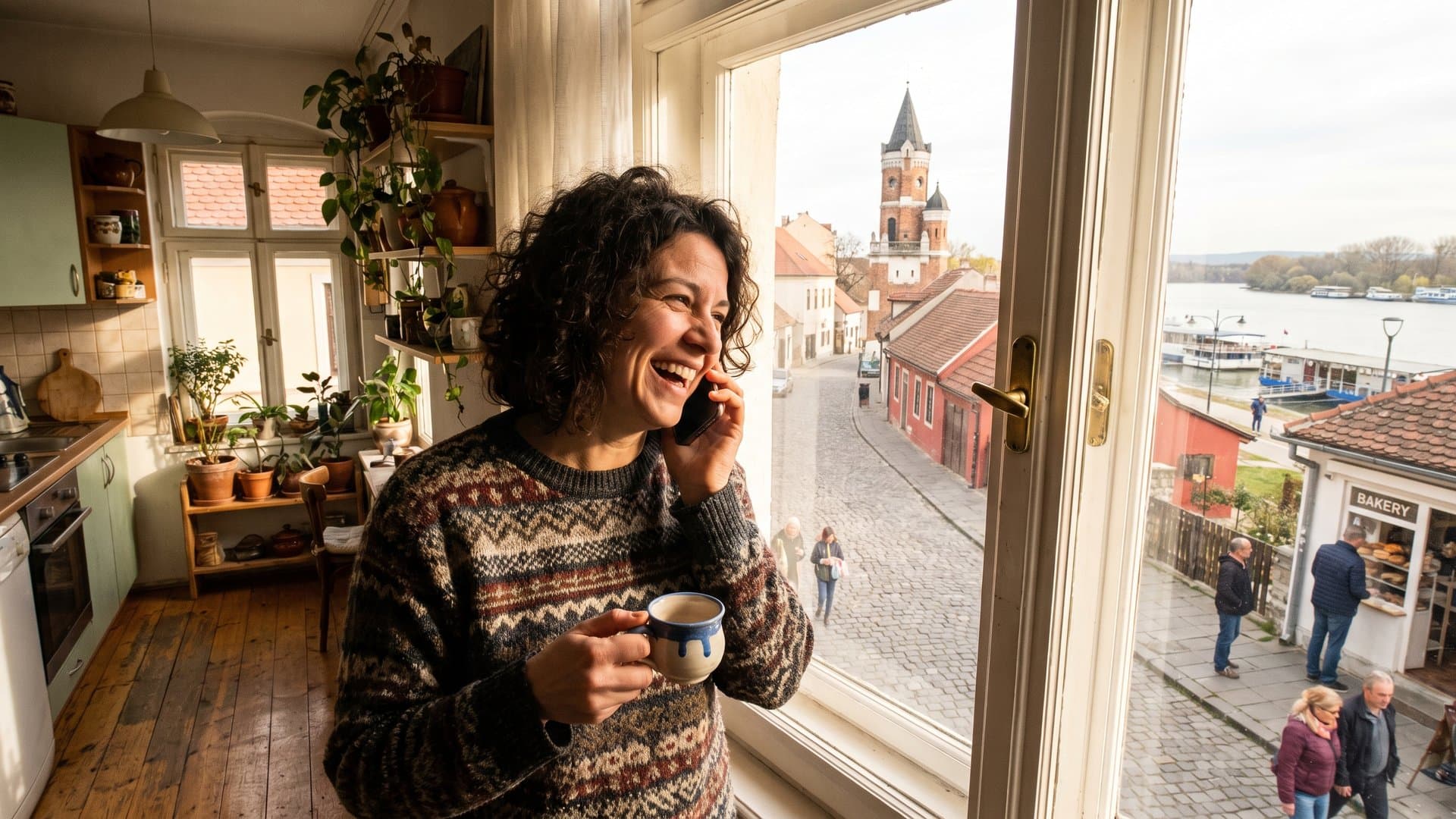 Žena u kuhinji, oduševljena onim što čuje na telefonu