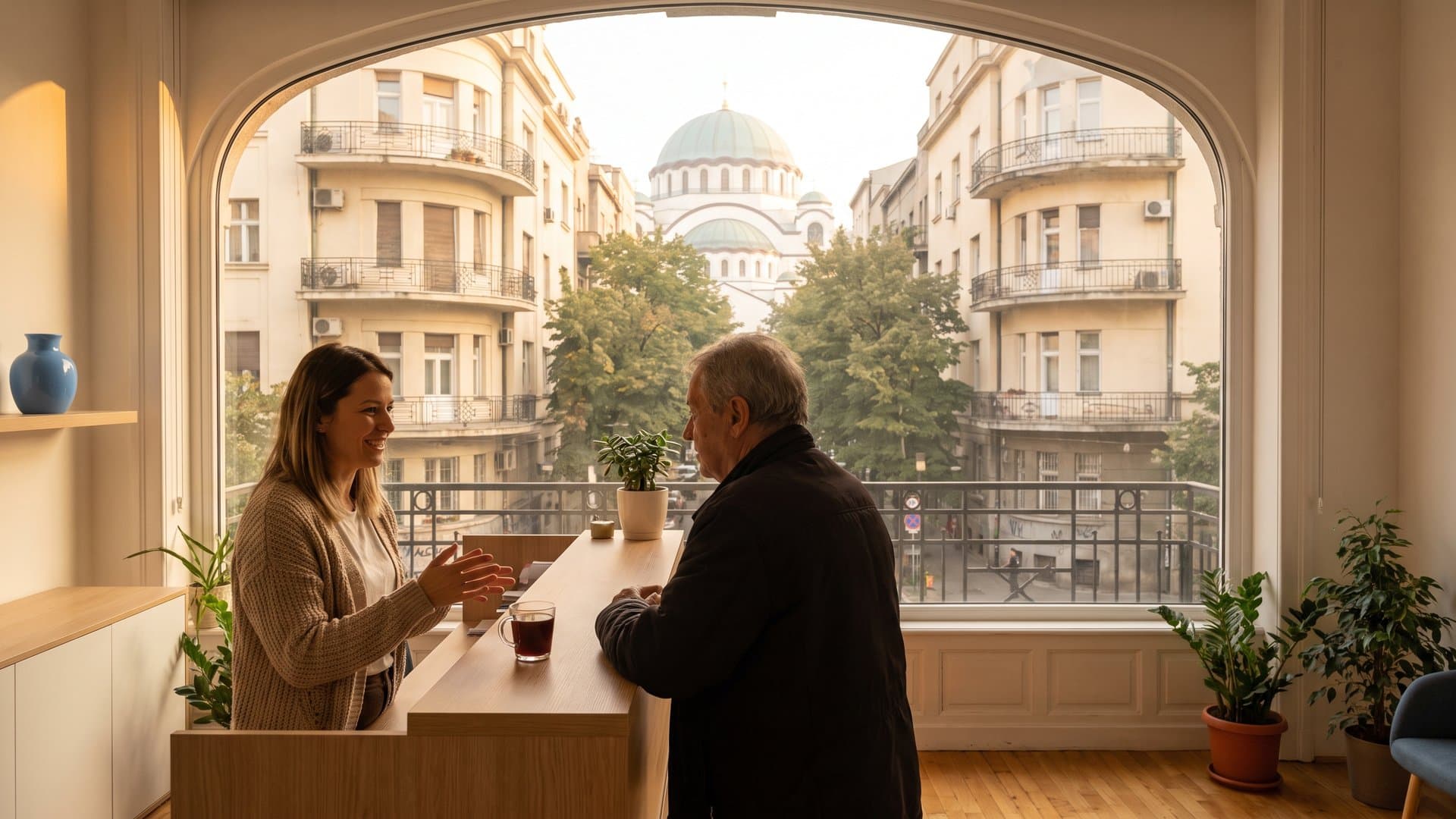Recepcionerka sa osmehom odgovara na pitanje klijenta