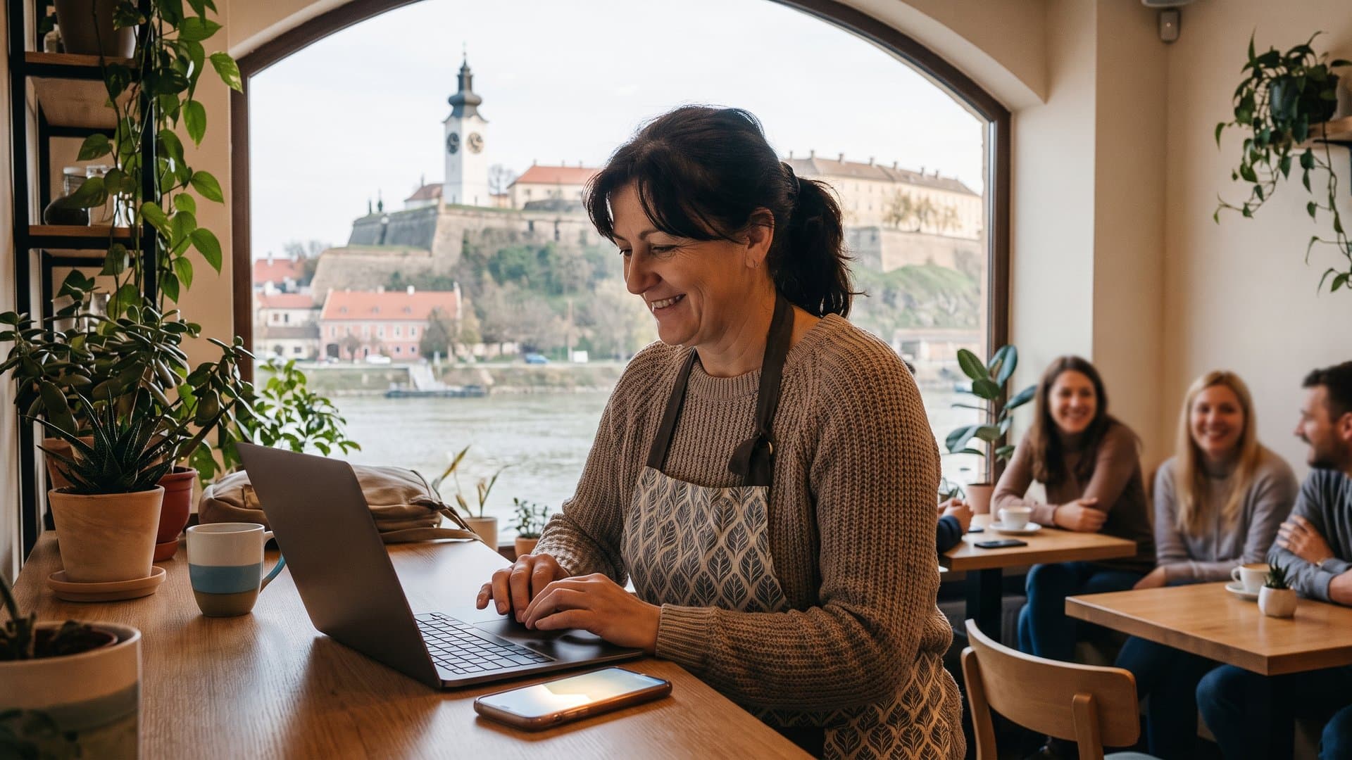 Vlasnica kafića podešava sve na laptopu dok na šanku zasvetli telefon